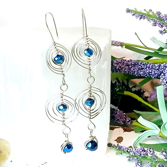 Boho Statement Cobalt Blue Dangle Earrings, Glass Beaded, Artisan 3.5" - Picture 5 of 8